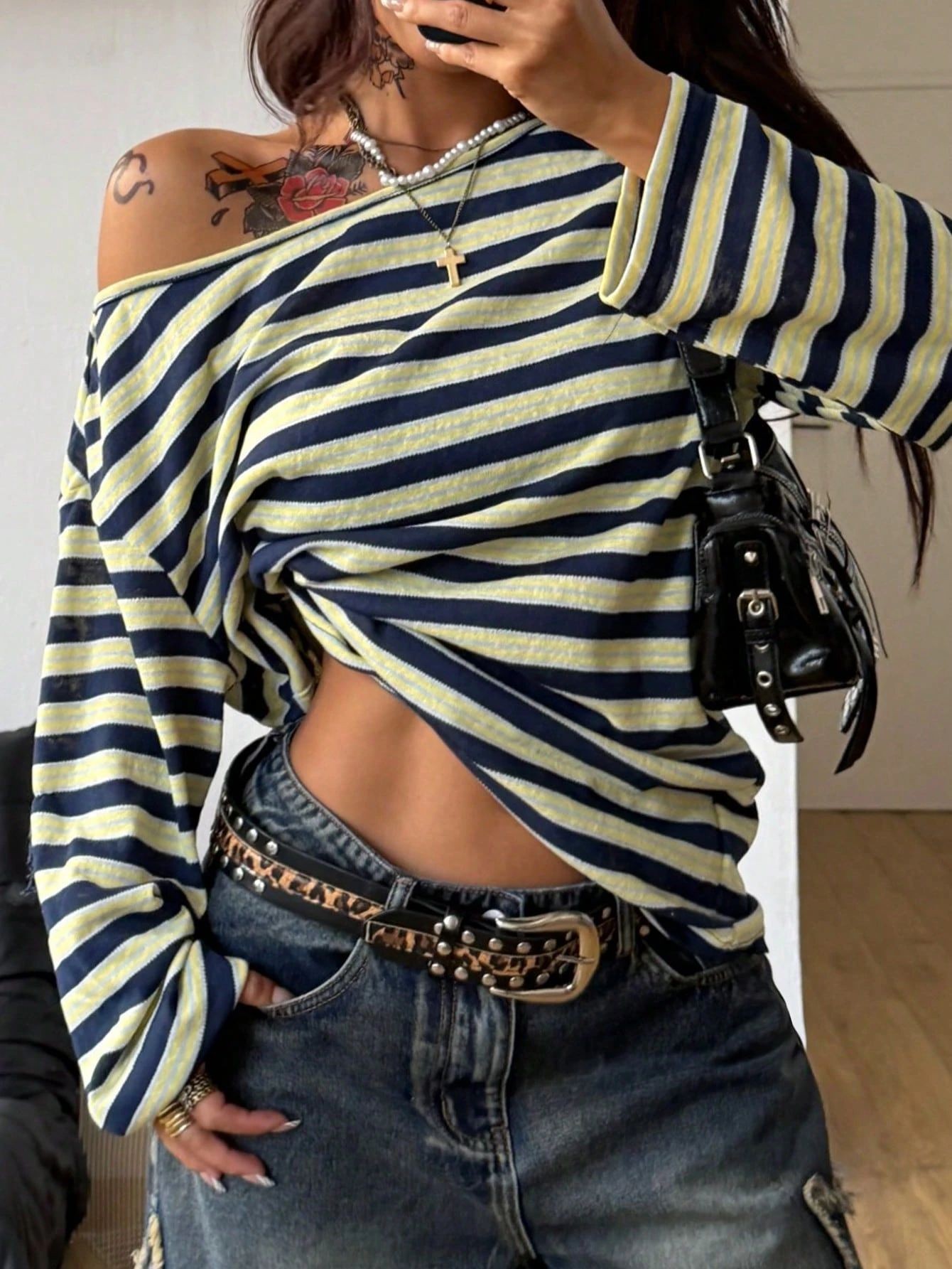 Women's Oversized Striped Blue - Blouse Off Shoulder 评论和价格