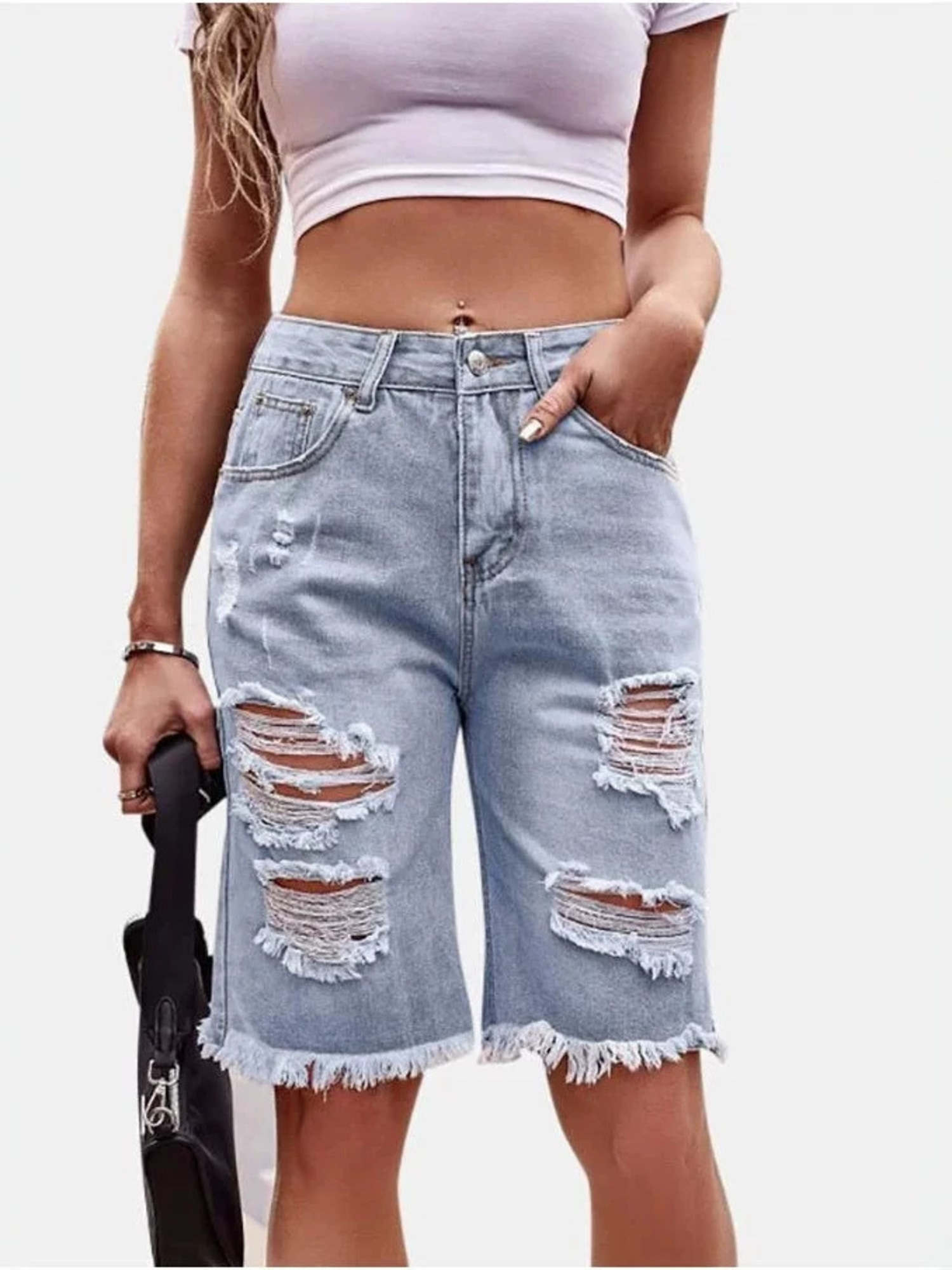 Women's High Waist Ripped Cott - Shorts Denim Frayed 评论和价格