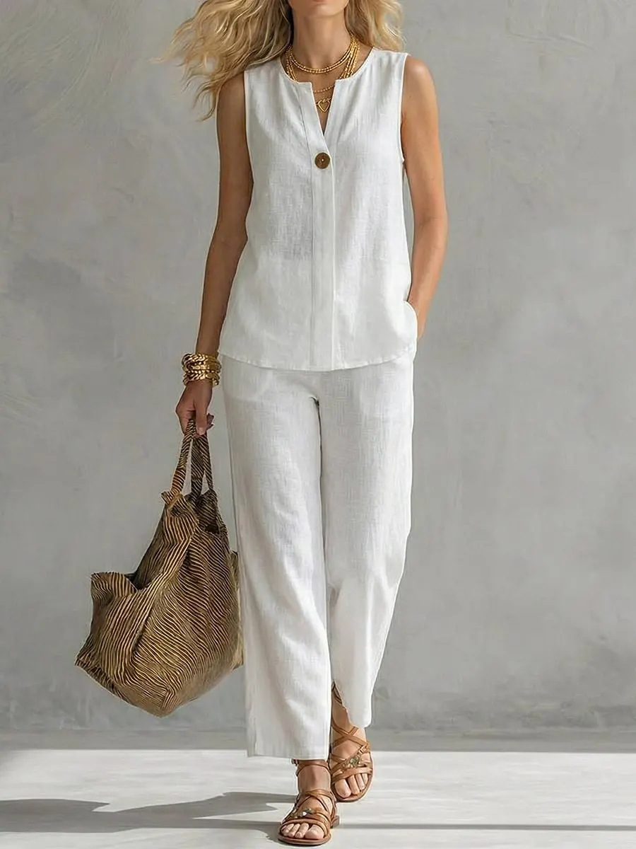 Single Button Sleeveless Linen - Linen Pant Wide 评论和价格