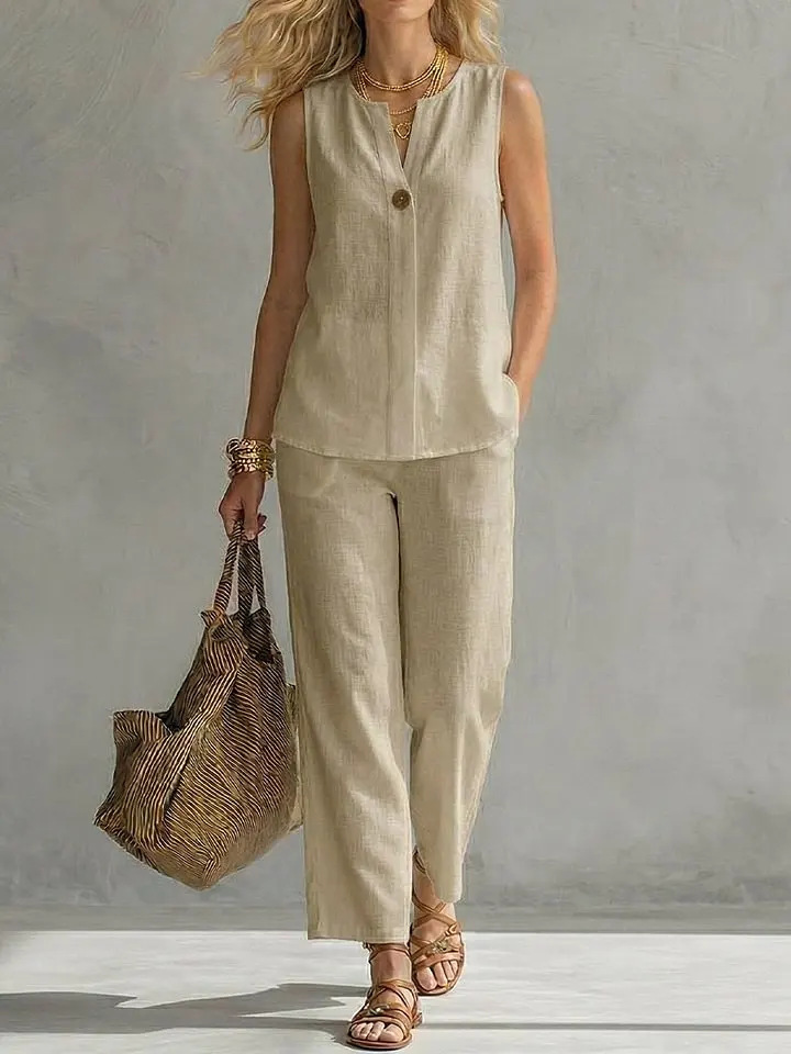 Single Button Sleeveless Linen - Linen Pant Wide 评论和价格