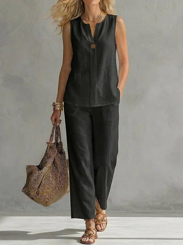 Single Button Sleeveless Linen - Linen Pant Wide 评论和价格