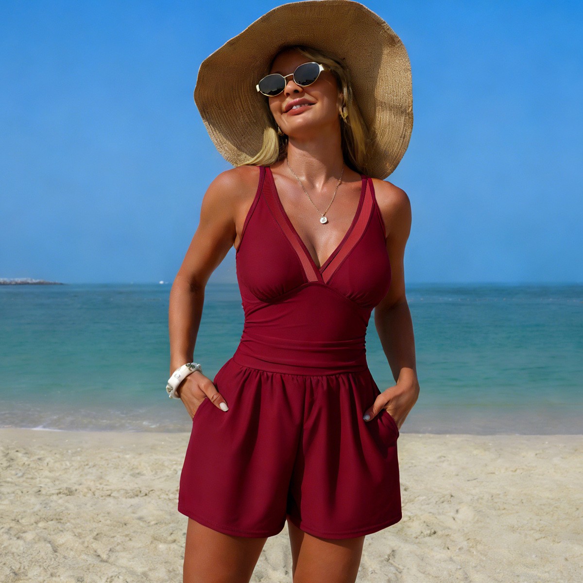 Black Solid Color Sleeveless V - Swimsuit Bikini Ruched 评论和价格