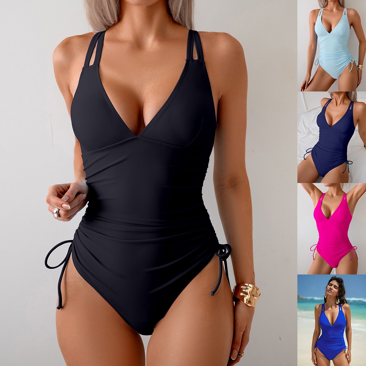 Solid Black Swimsuit V Neck Ru - Swimsuit Bikini Ruched 评论和价格