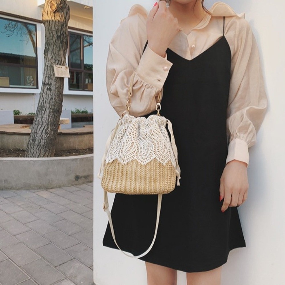 Vintage Lace Straw Shoulder Ba - Tote Bag Beach 评论和价格
